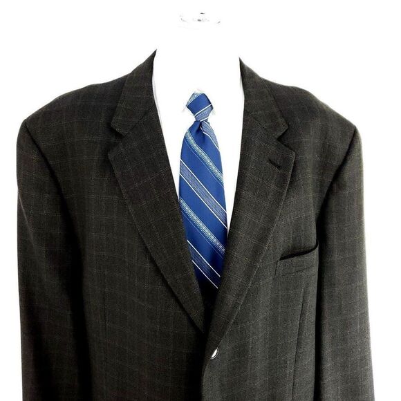 Joseph Abboud‎ Nordstrom Tweed Wool 3 Button Sport Coat 48L Brown Tan Windowpane - Picture 1 of 10
